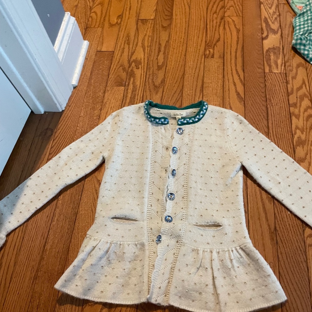 White sweater with gold polkadots and green trim Matilda Jane size 8